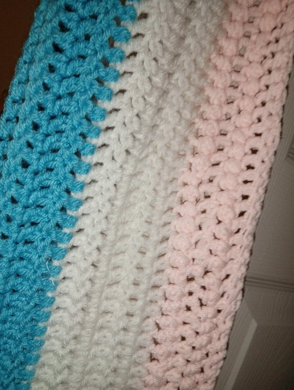 Handmade Kids Crochet Scarf - Blue, White & Pink